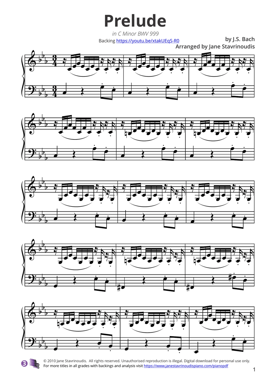Prelude in C minor BWV 999 Piano Solo scores gallery preview page 1