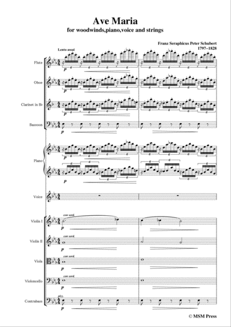 Schubert-Ave Maria in E flat Major,for woodwinds,piano,voice and strings Voice scores gallery preview page 3