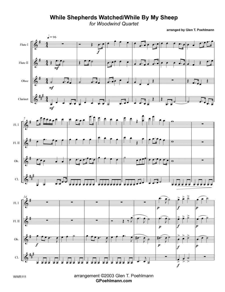 WHILE SHEPHERDS WATCHED THEIR FLOCKS with HOW GREAT OUR JOY - Woodwind Quartet with optional Piano Woodwind Quartet scores gallery preview page 1