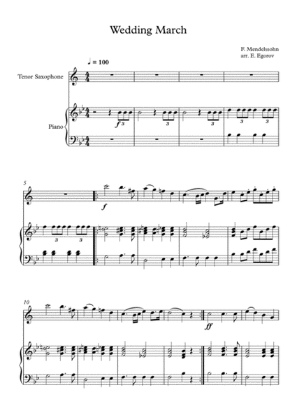 Wedding March, Felix Bartholdy Mendelssohn, For Tenor Saxophone & Piano image number null