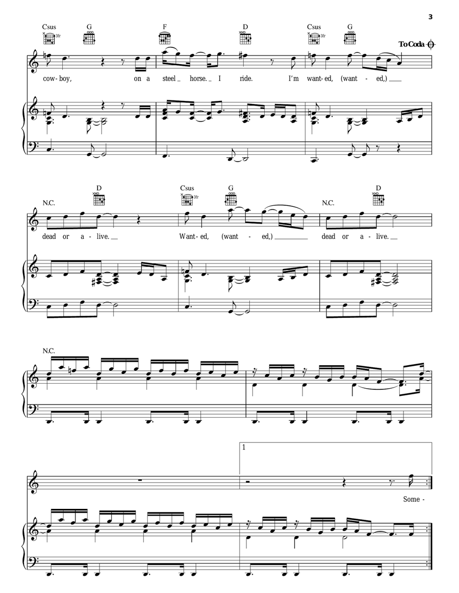 Wanted Dead Or Alive Wanted Dead Or Alive Piano, Vocal, Guitar scores gallery preview page 3