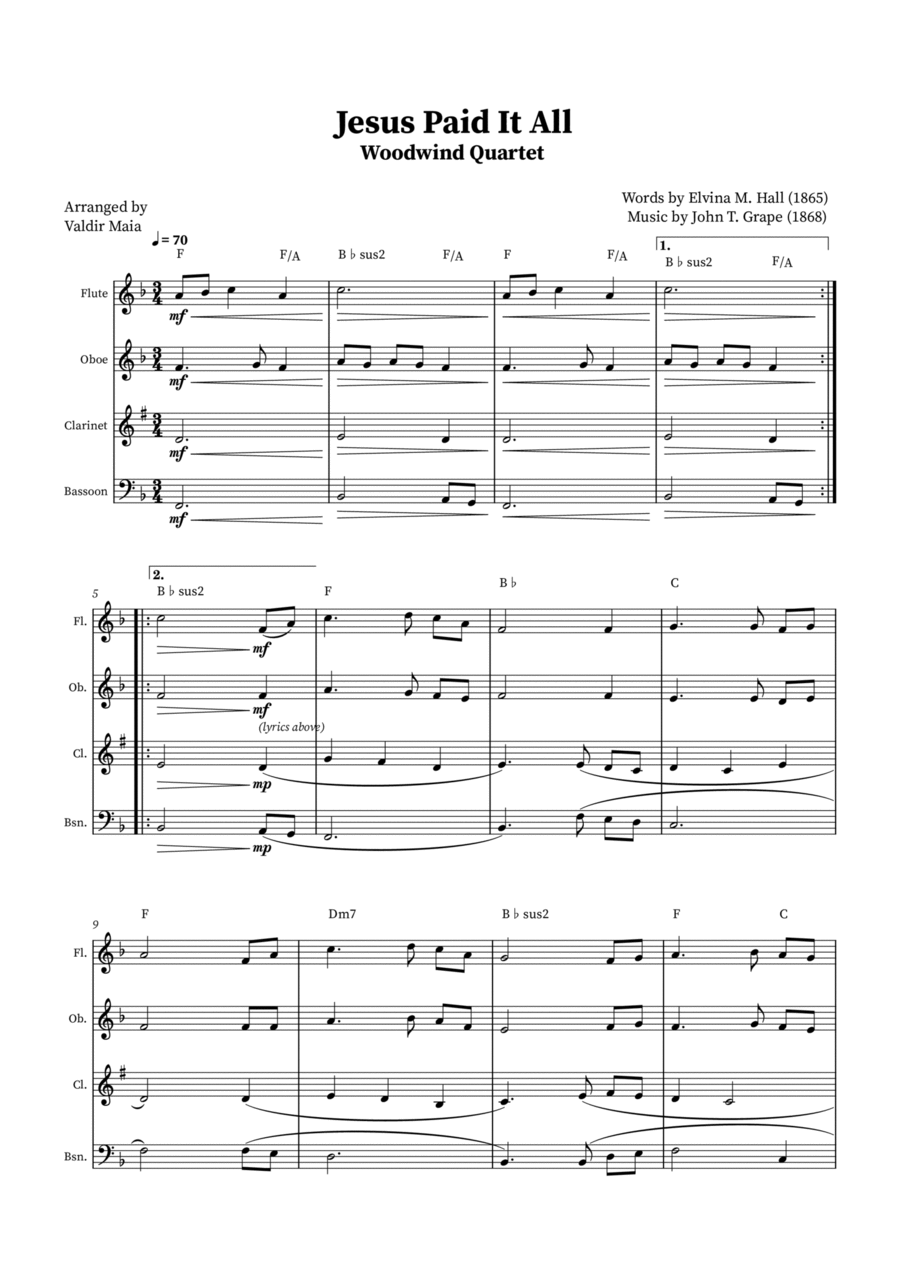 Jesus Paid It All - Woodwind Quartet (+Chords) Woodwind Quartet scores gallery preview page 1
