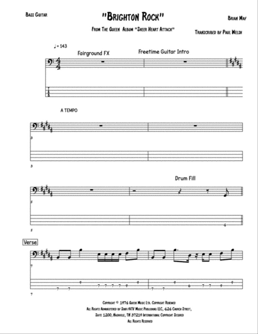 Brighton Rock Bass Guitar scores gallery preview page 1