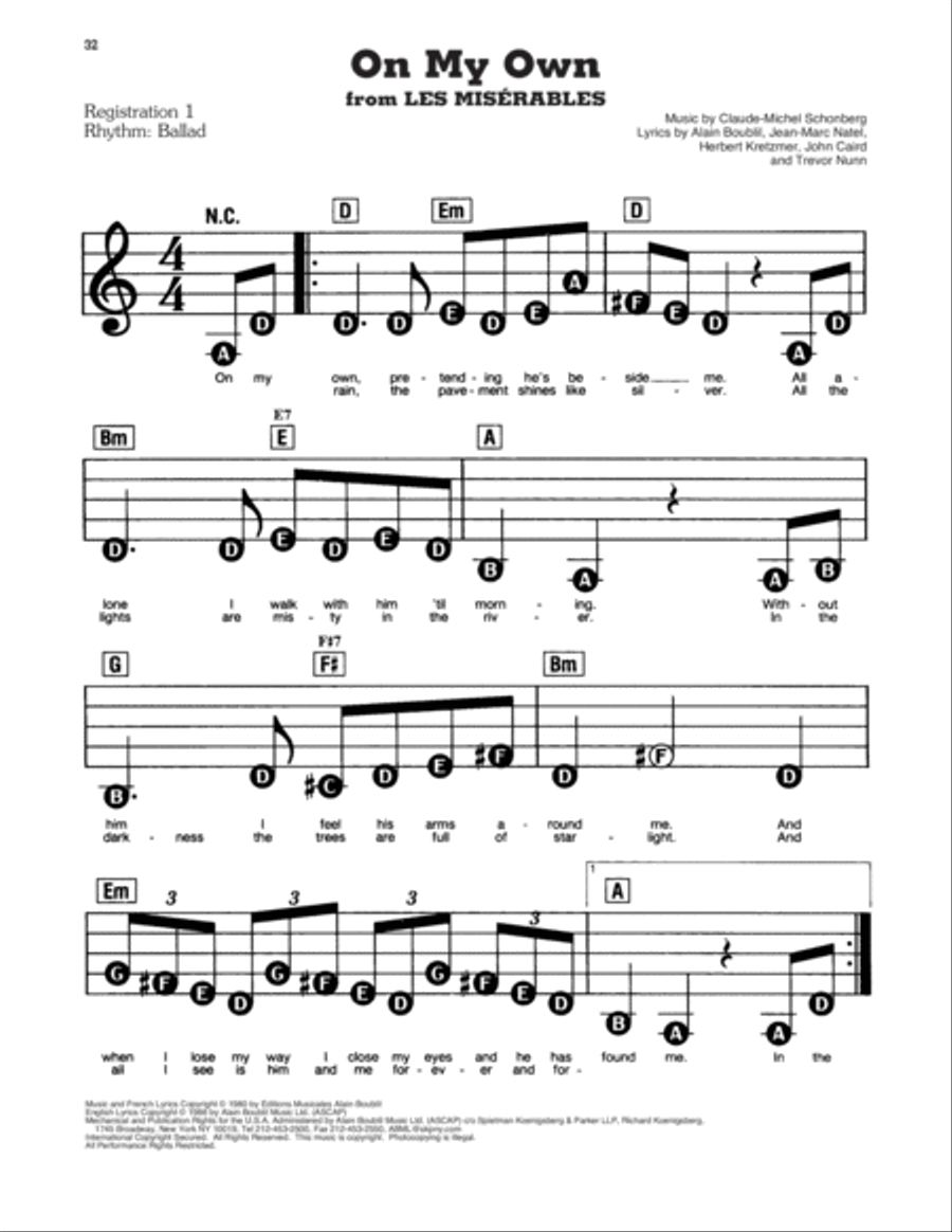 On My Own (from Les Miserables) Electronic Keyboard scores gallery preview page 1