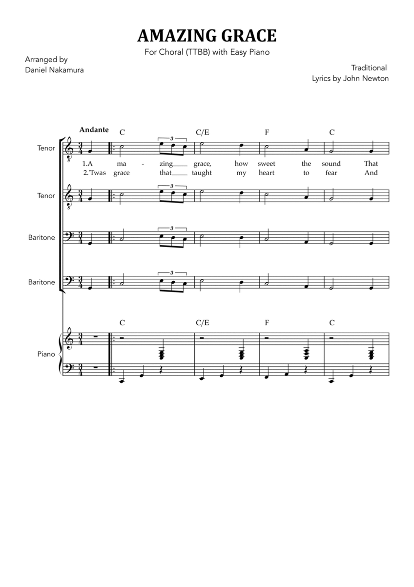 Amazing Grace (for Choral - TTBB with Easy Piano image number null