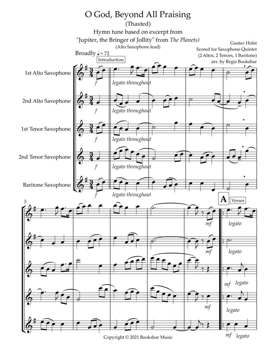 O God, Beyond All Praising (Thaxted) (Bb) (Saxophone Quintet - 2 Alto, 2 Tenor, 1 Bari) (Alto lead) Saxophone Quintet scores gallery preview page 1
