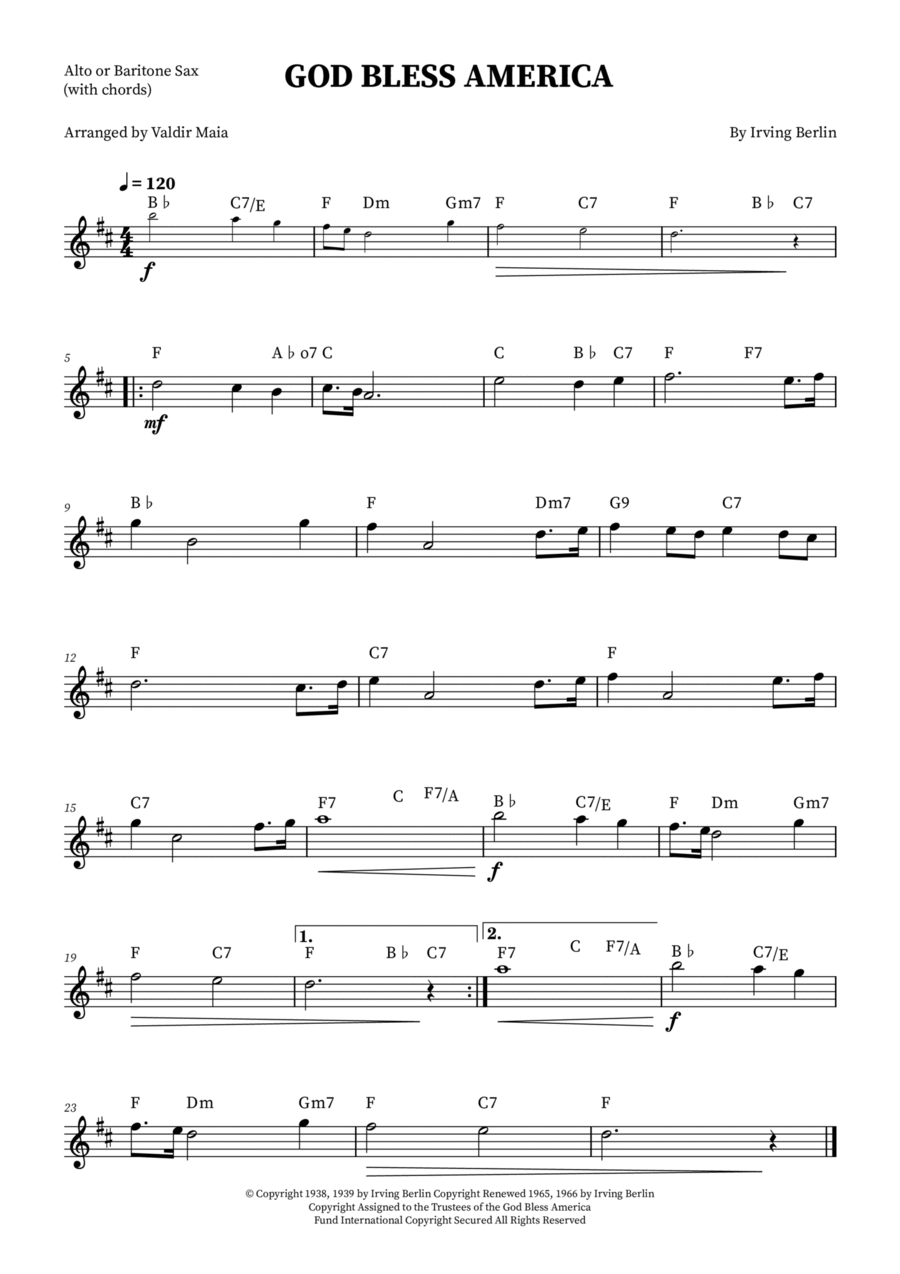 God Bless America ® God Bless America ® Baritone Saxophone scores gallery preview page 1