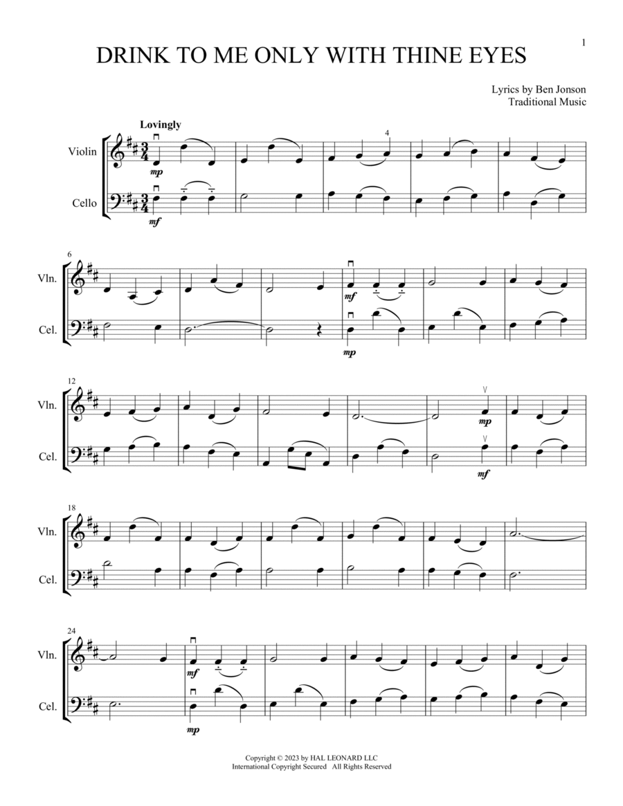 Drink To Me Only With Thine Eyes (arr. Michelle Hynson) String Duet scores gallery preview page 1