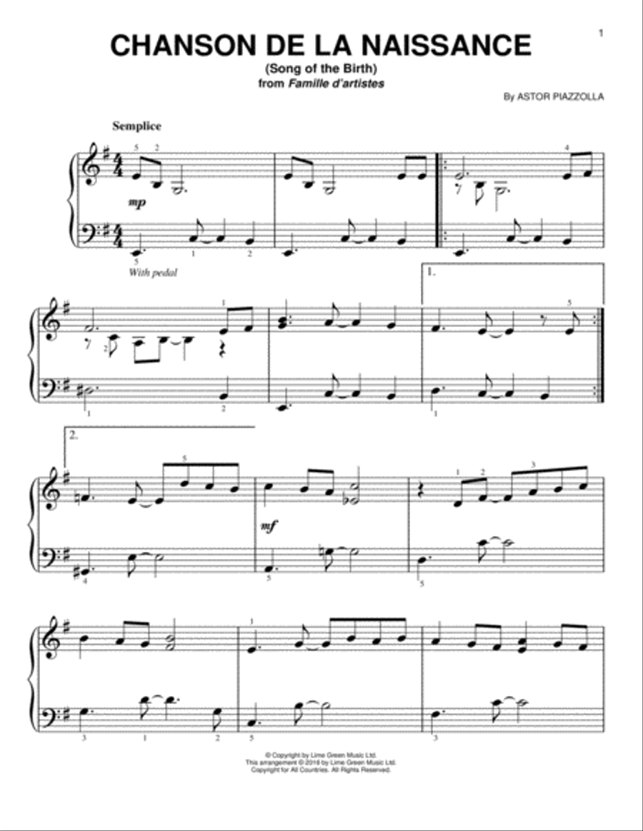 Chanson De La Naissance Easy Piano scores gallery preview page 1