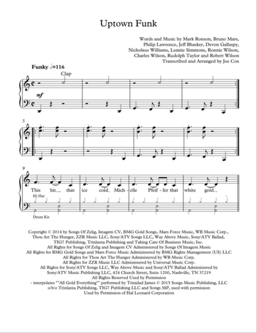 Uptown Funk Piano, Vocal, Guitar scores gallery preview page 1