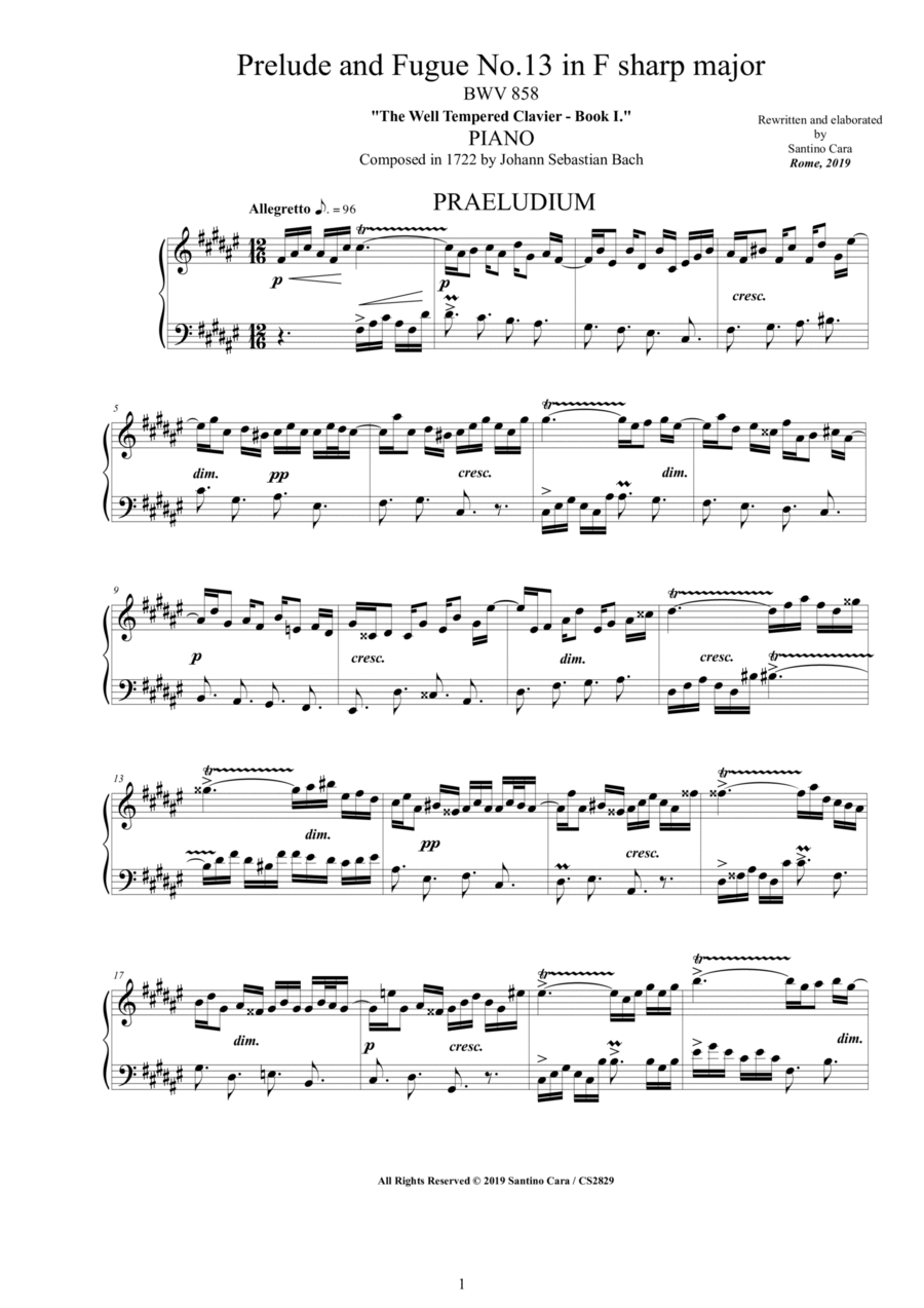 Bach - Prelude and Fugue No.13 in F sharp major BWV 858 for Piano Piano Solo scores gallery preview page 1