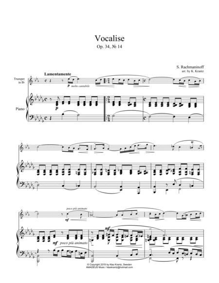 Vocalise Op. 34 for trumpet in Bb and piano image number null