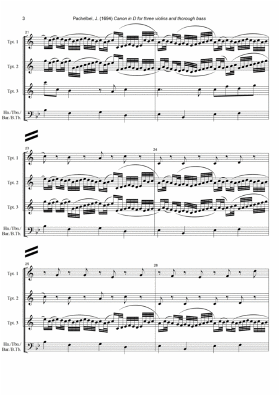J. Pachelbel - Canon in D-dur, arr. for 3 Trumpets & Bass Instrument Trumpet Trio scores gallery preview page 3