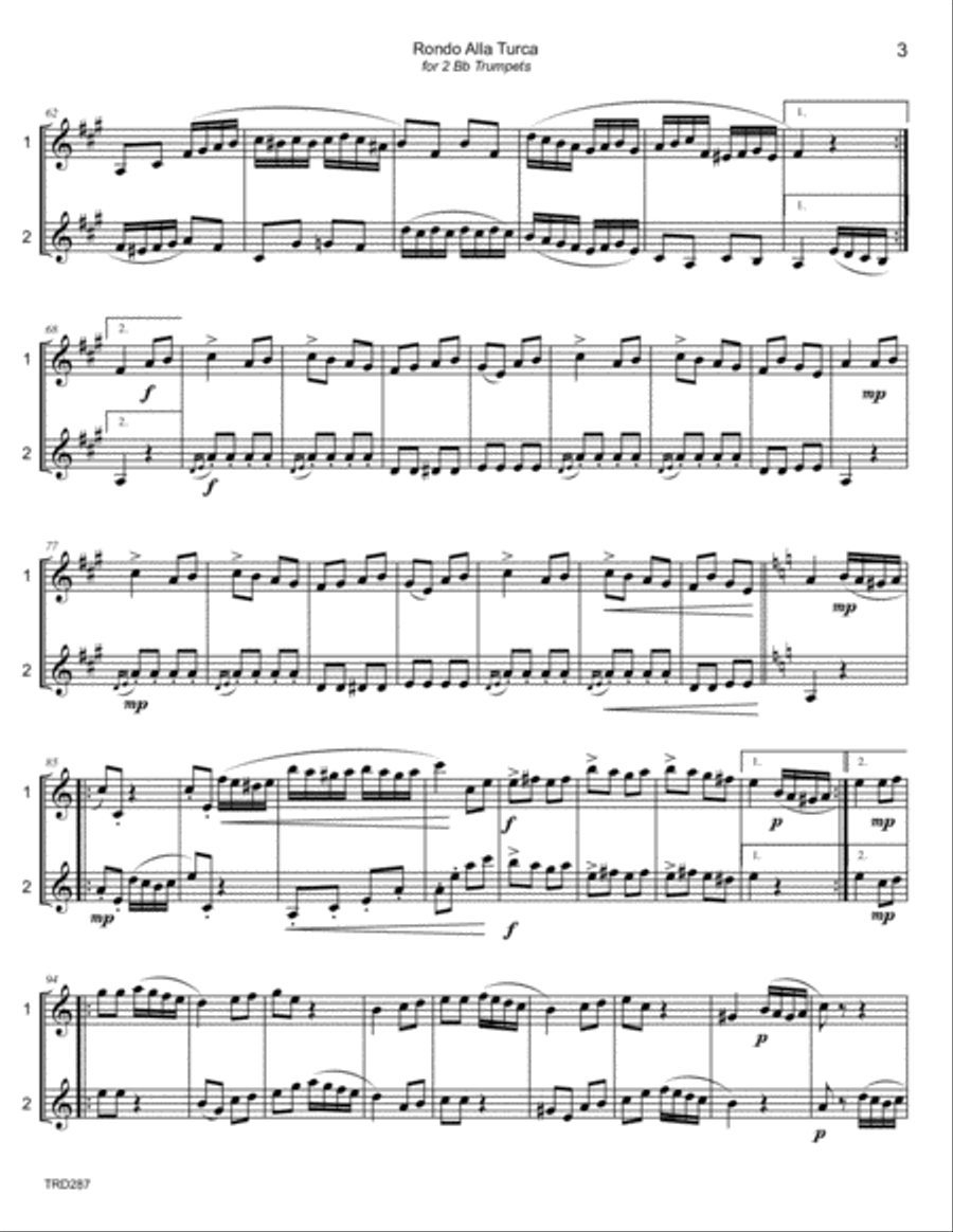 RONDO ALLA TURCA (Mozart) arranged for TRUMPET DUET (unaccompanied) Trumpet Duet scores gallery preview page 3