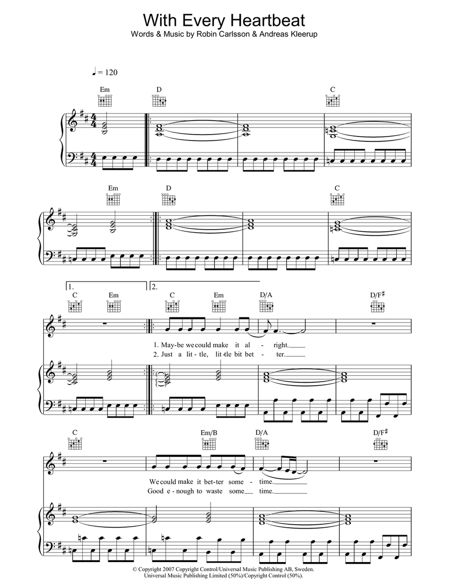 With Every Heartbeat Piano, Vocal, Guitar scores gallery preview page 1
