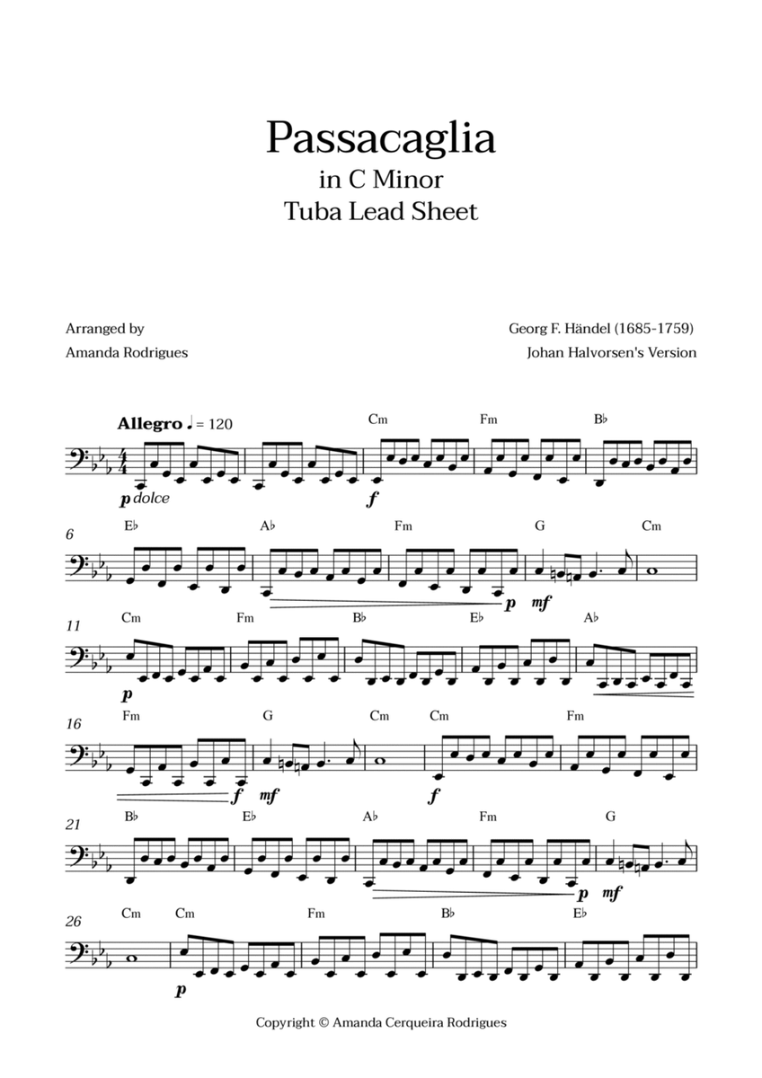 Passacaglia - Easy Tuba Lead Sheet in Cm Minor (Johan Halvorsen's Version) image number null