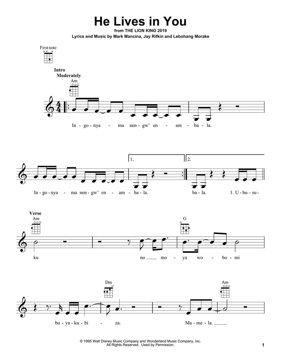 He Lives In You (from The Lion King 2019) Ukulele scores gallery preview page 1