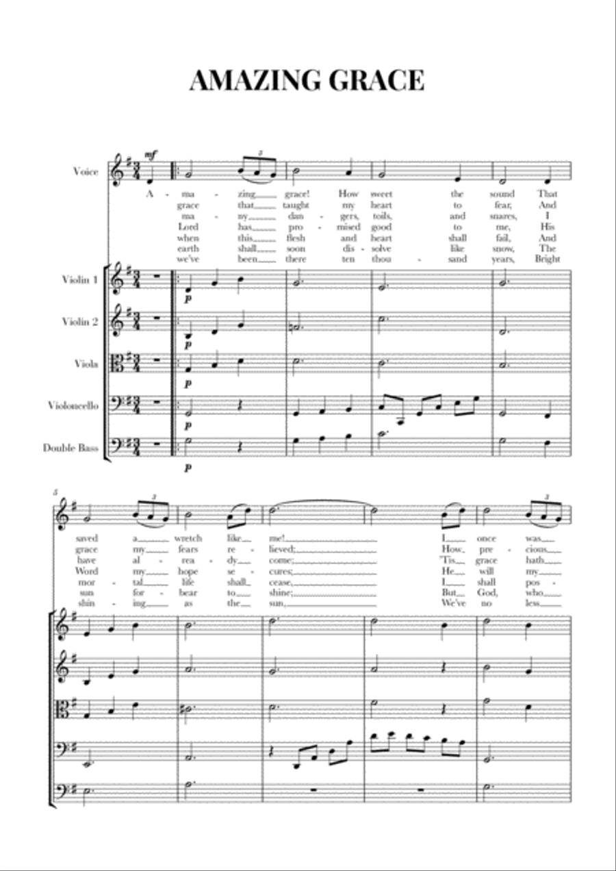Amazing Grace for Voice and String Quintet (2 Violins, Viola, Cello, Double Bass)