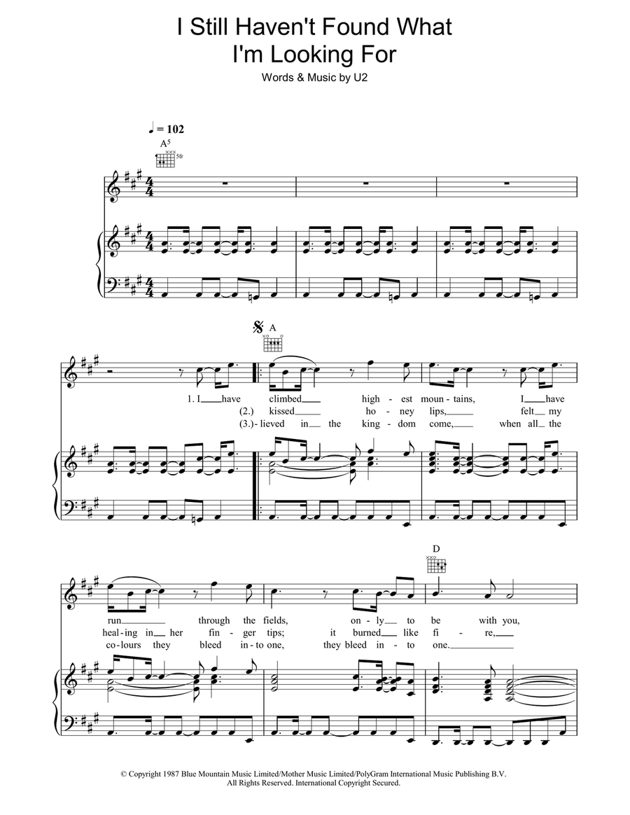 I Still Haven't Found What I'm Looking For Piano, Vocal, Guitar scores gallery preview page 1