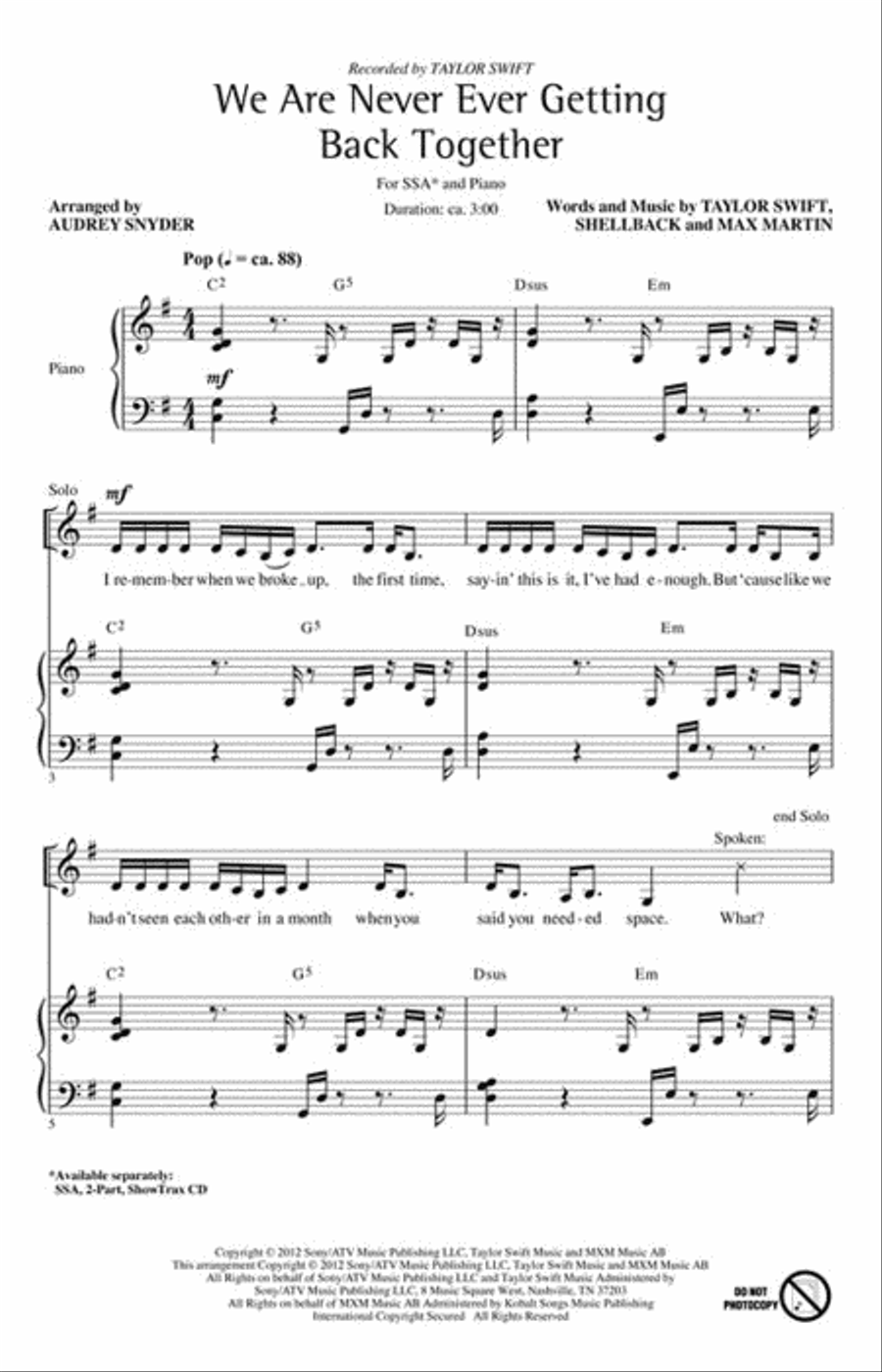 We Are Never Ever Getting Back Together SSA scores gallery preview page 2