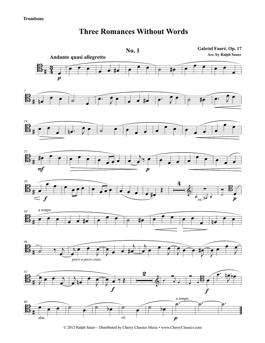 Three Romances Without Words Opus 17 for Trombone and Piano Piano scores gallery preview page 1