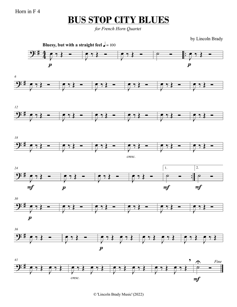 BUS STOP CITY BLUES - French Horn Quartet Brass Quartet scores gallery preview page 3