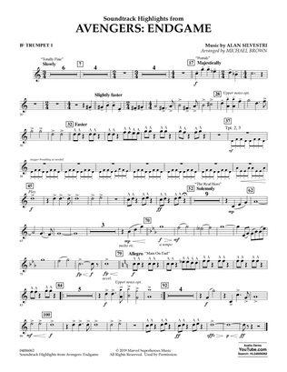 Book cover for Soundtrack Highlights from Avengers: Endgame (arr. Michael Brown) - Bb Trumpet 1