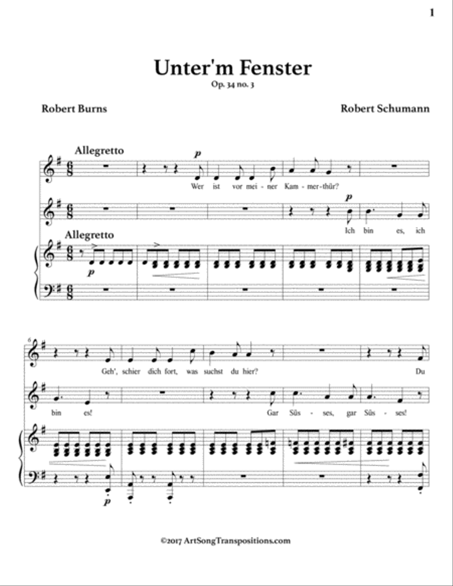 SCHUMANN: Unter'm Fenster, Op. 34 no. 3 (transposed to G major) Piano scores gallery preview page 2