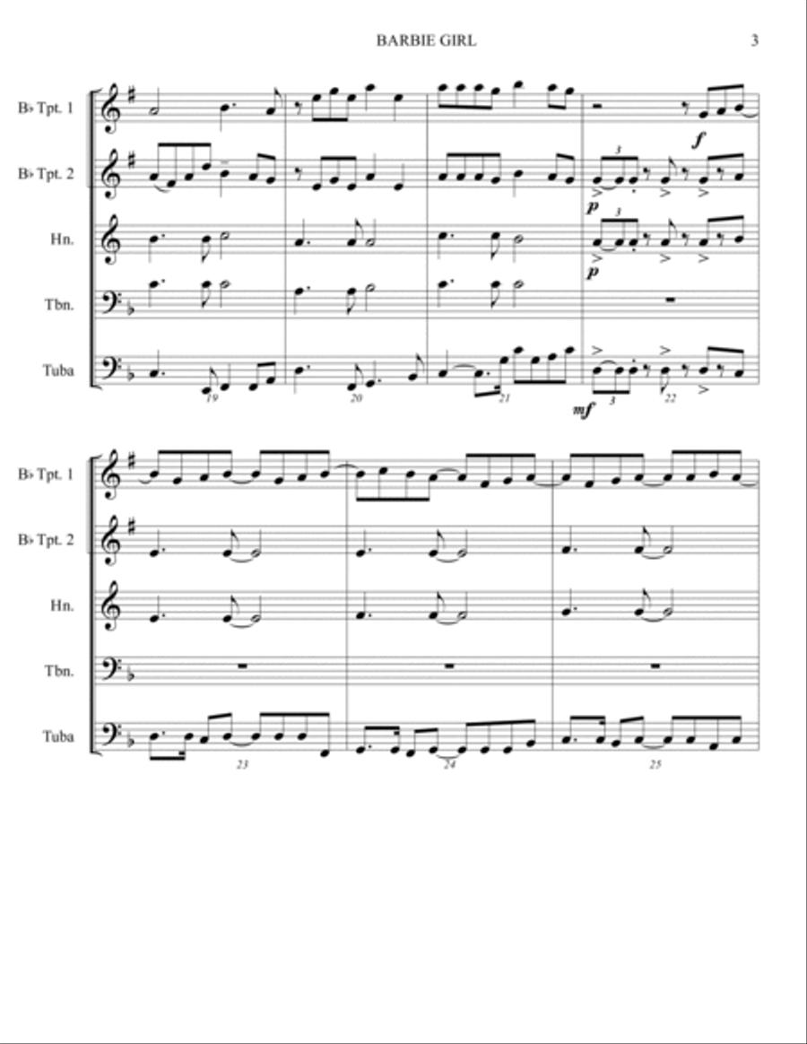 Barbie Girl Brass Quintet scores gallery preview page 3