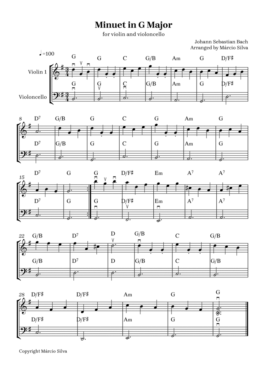Minuet G Major - for violin and violoncello - easy sheet music image number null