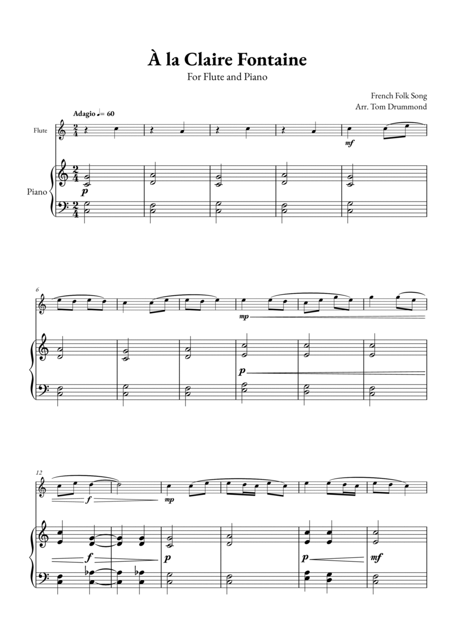 À la Claire Fontaine Flute Solo scores gallery preview page 1