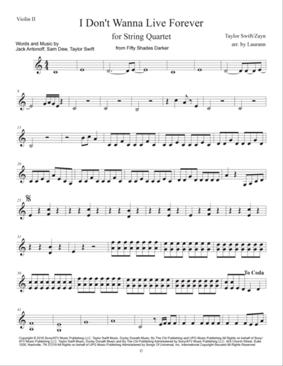 I Don't Wanna Live Forever (fifty Shades Darker) String Quartet scores gallery preview page 3