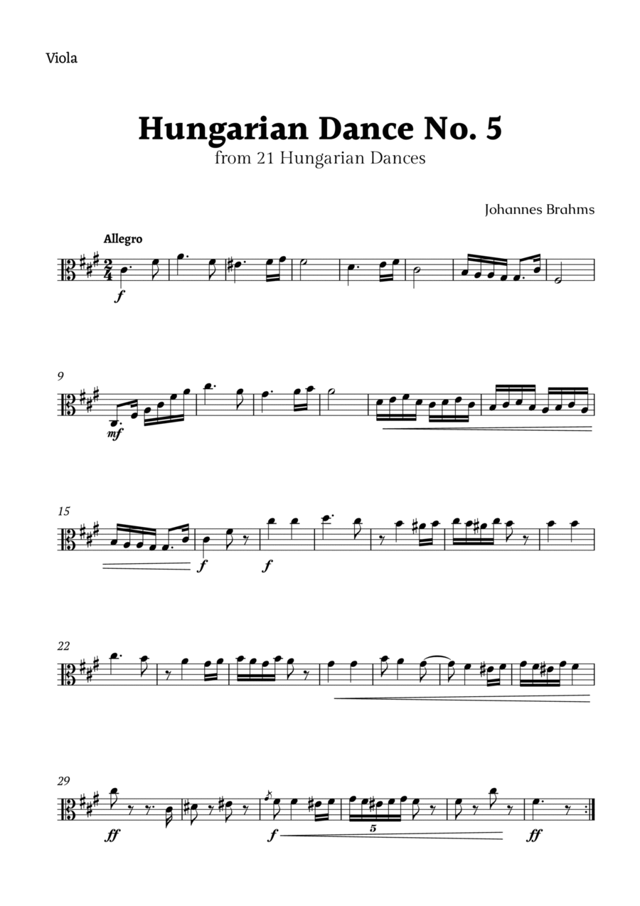 Hungarian Dance No. 5 by Brahms for Viola Solo Viola Solo scores gallery preview page 1