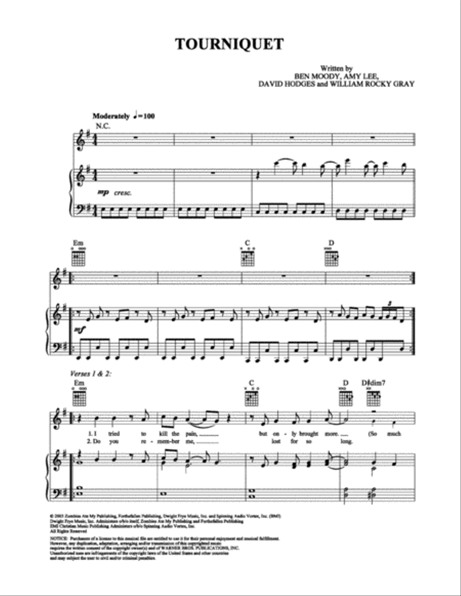 Tourniquet Piano, Vocal, Guitar scores gallery preview page 1
