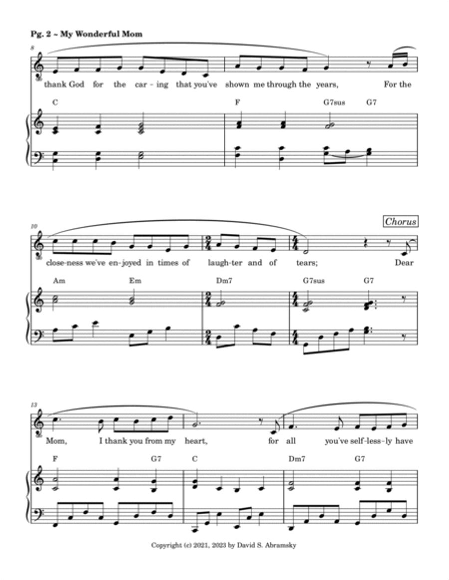 My Wonderful Mom (in C) ~ A sweet, song (piano+chords+vocal) for Mother's Day or any celebration! Piano, Vocal, Guitar scores gallery preview page 4