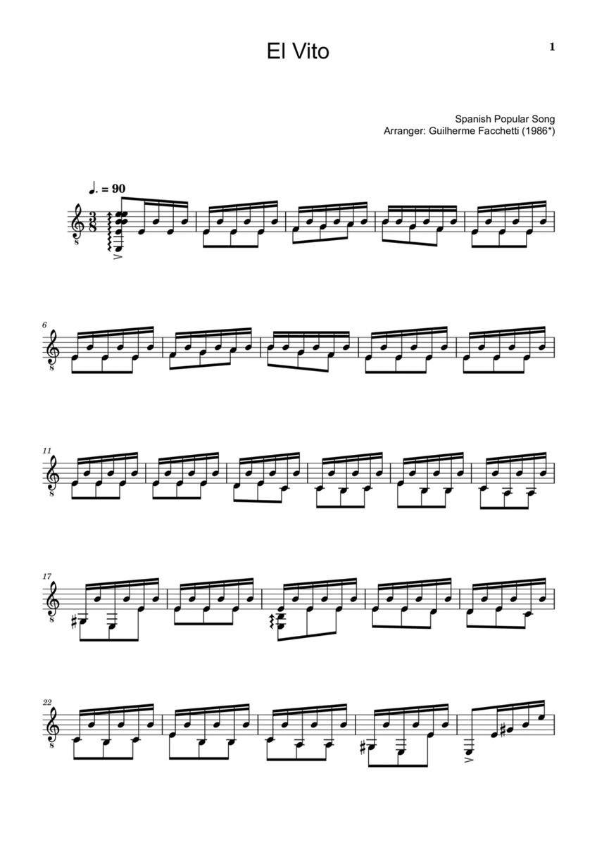 Spanish Popular Song - El Vito. Arrangement for Classical Guitar image number null