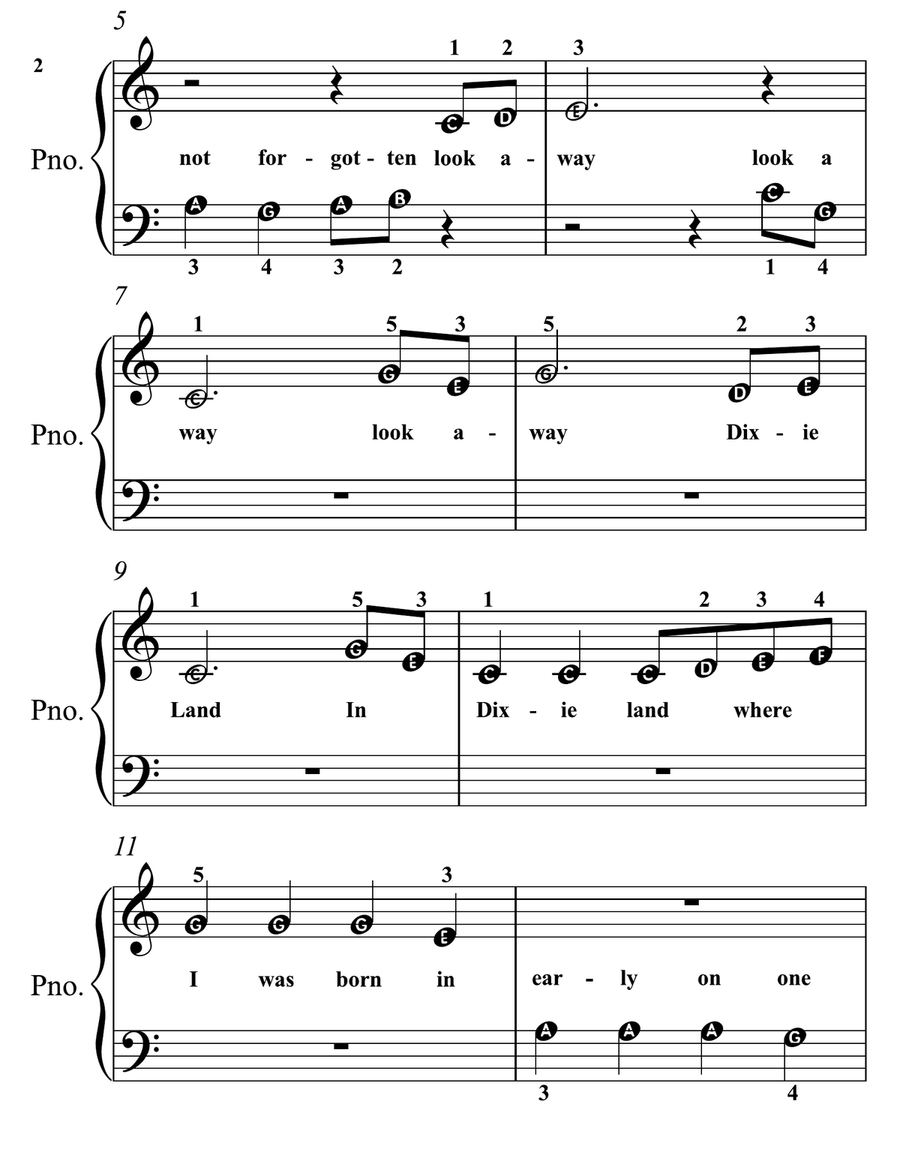 Dixie Land Beginner Piano Sheet Music