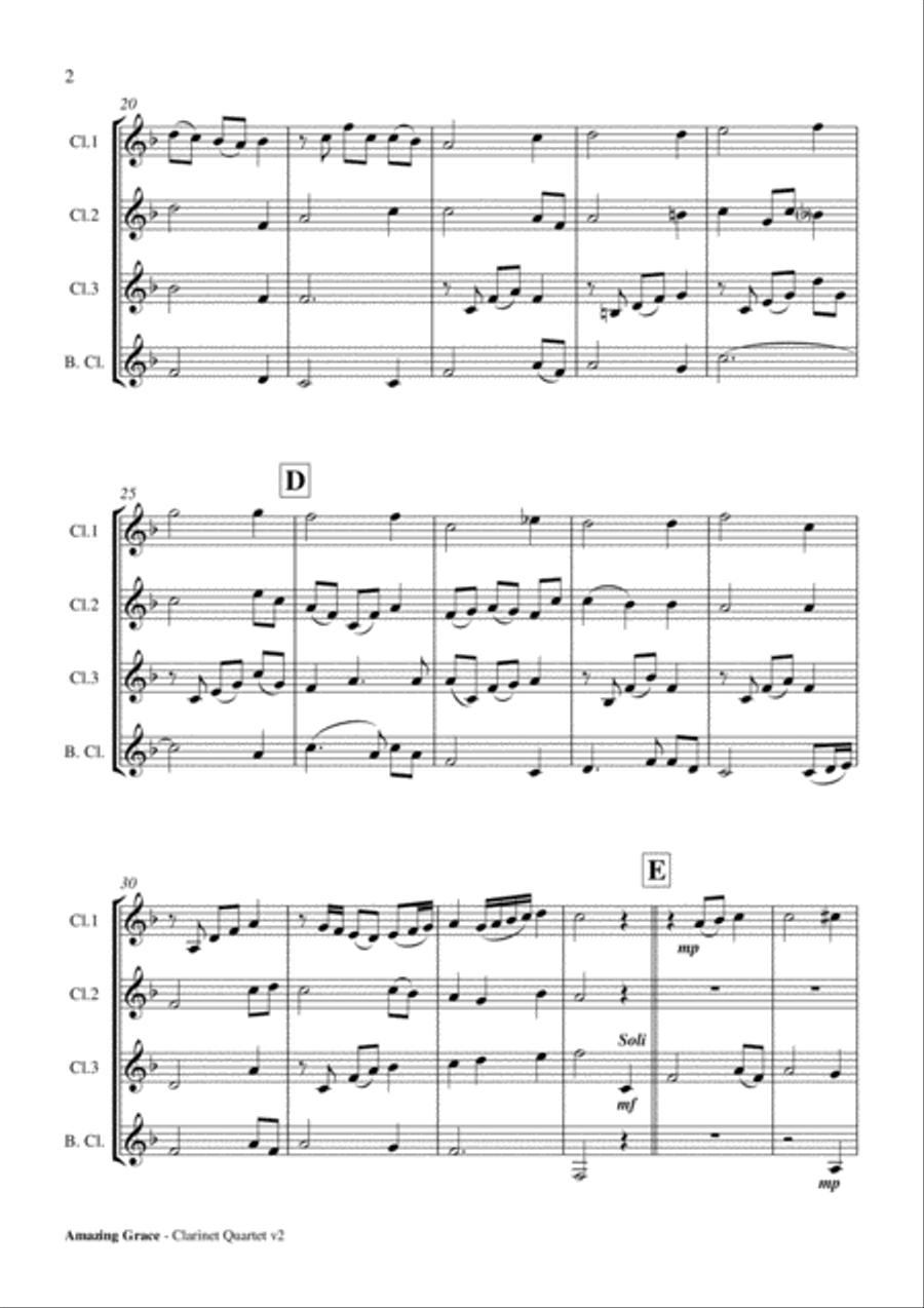 Amazing Grace - Clarinet Quartet Score and Parts PDF Clarinet Quartet scores gallery preview page 3