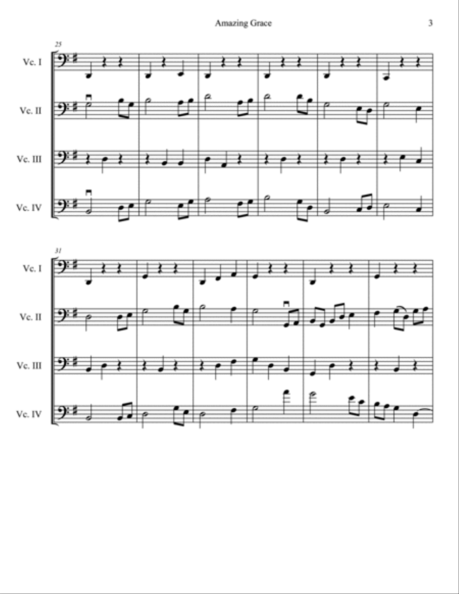 Amazing Grace for Cello Quartet Cello scores gallery preview page 3
