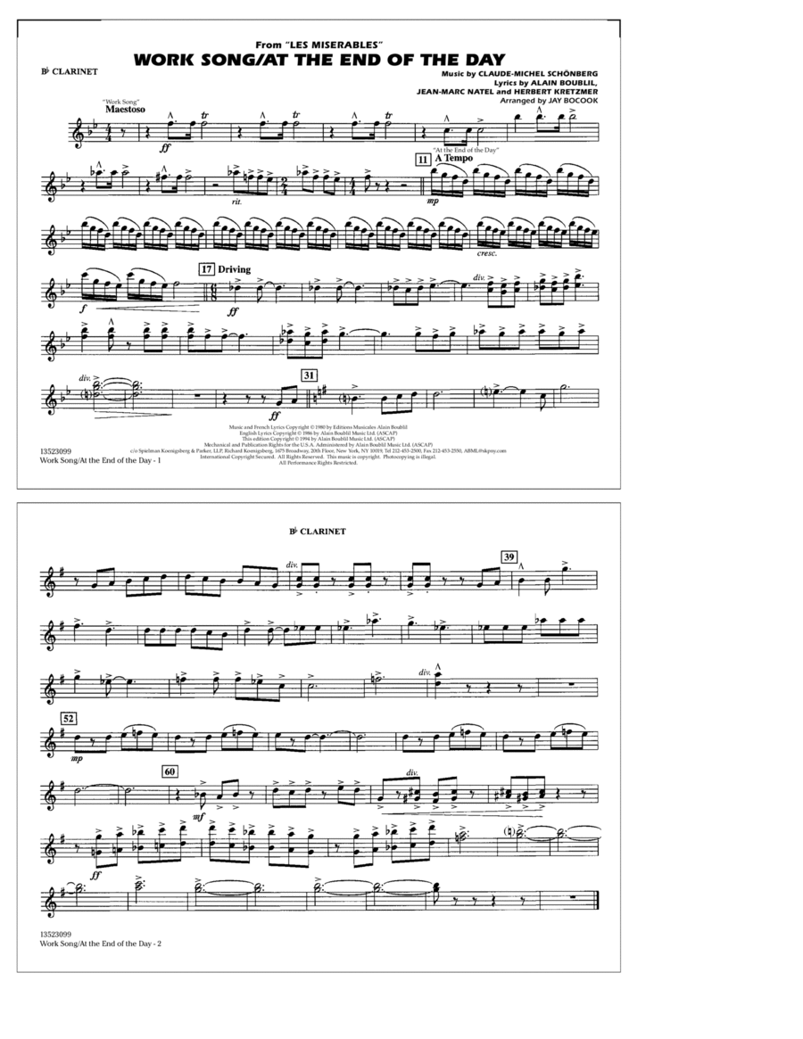 Work Song/At the End of the Day (Les Misérables) (arr. Jay Bocook) - Bb Clarinet