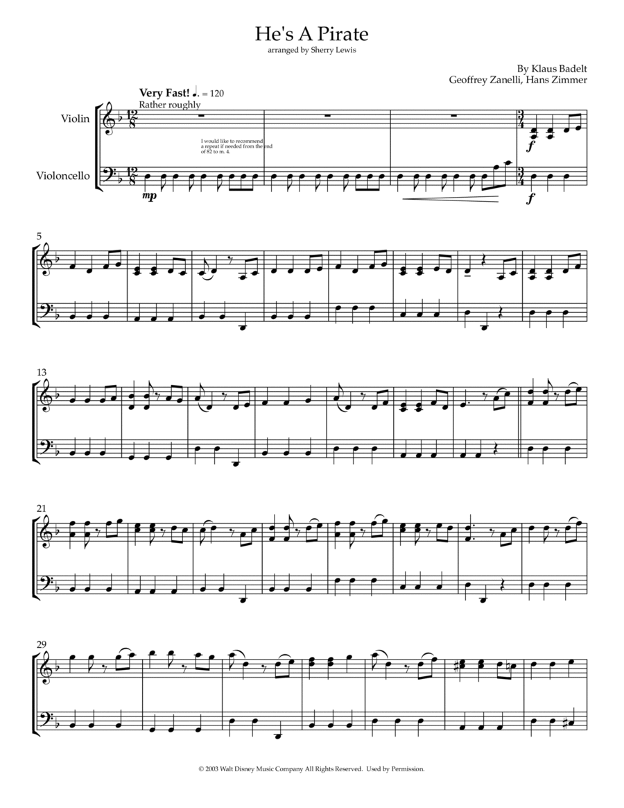 He's A Pirate String Duet scores gallery preview page 1
