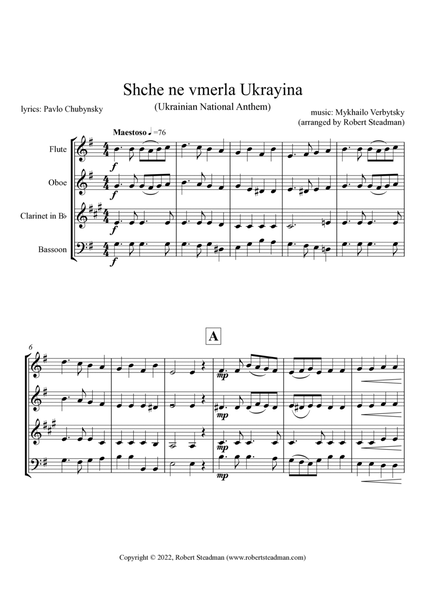 Shche ne vmerla Ukrayina (Ukrainian National Anthem) - WOODWIND QUARTET - Score & Parts inc.