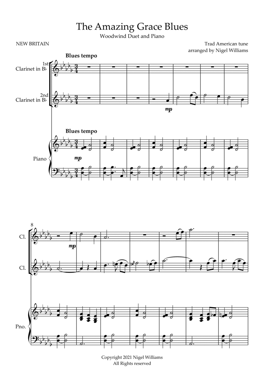 The Amazing Grace Blues, for Clarinet Duet and Piano Clarinet Duet scores gallery preview page 1