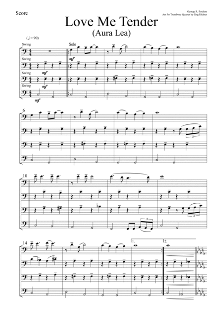 Love Me Tender (Aura Lea) for Trombone Quartet Brass Quartet scores gallery preview page 2