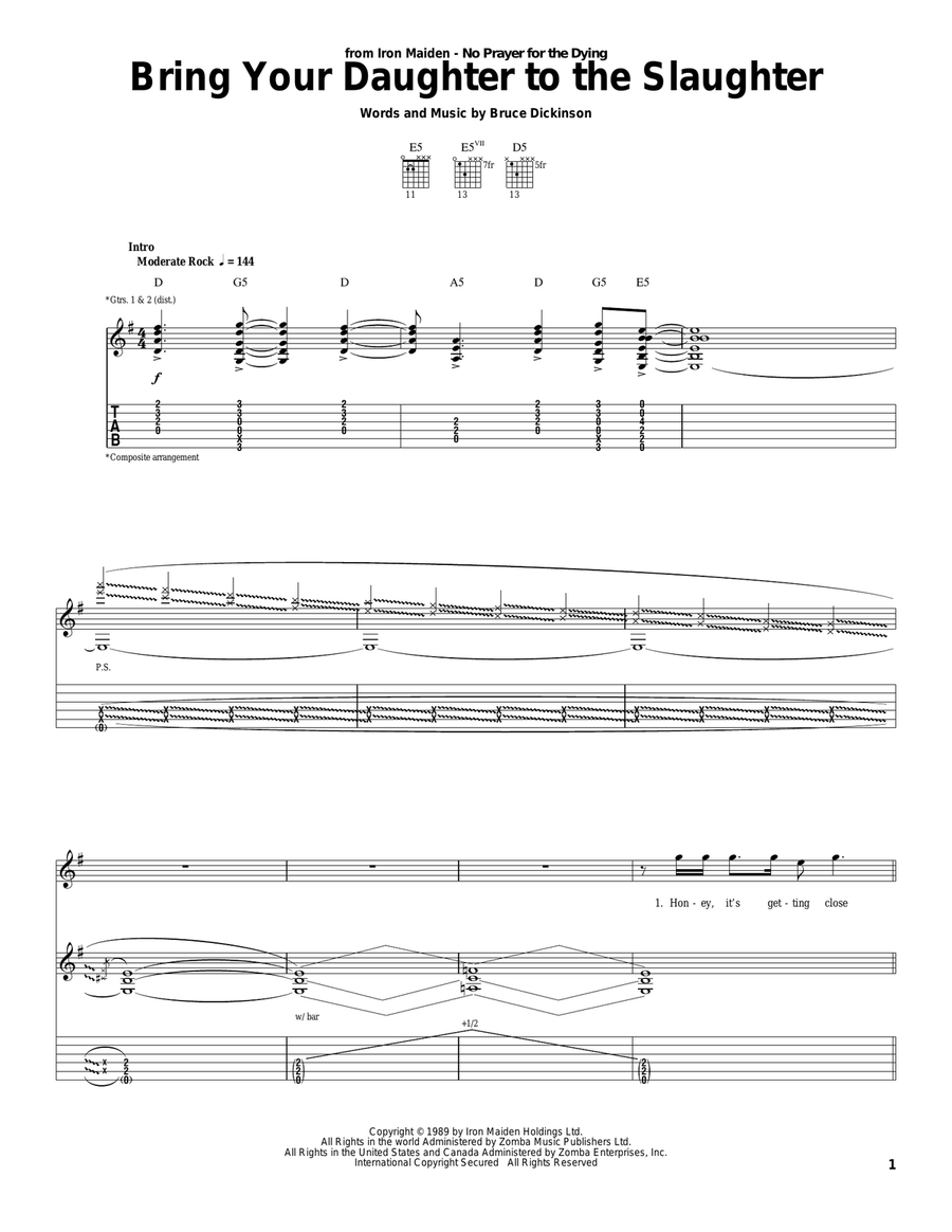 Bring Your Daughter To The Slaughter Electric Guitar scores gallery preview page 1