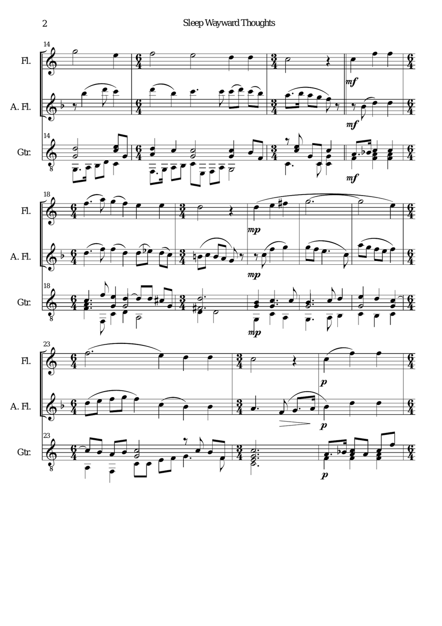 Sleep wayward thoughts for flute alto flute and guitar Flute scores gallery preview page 2