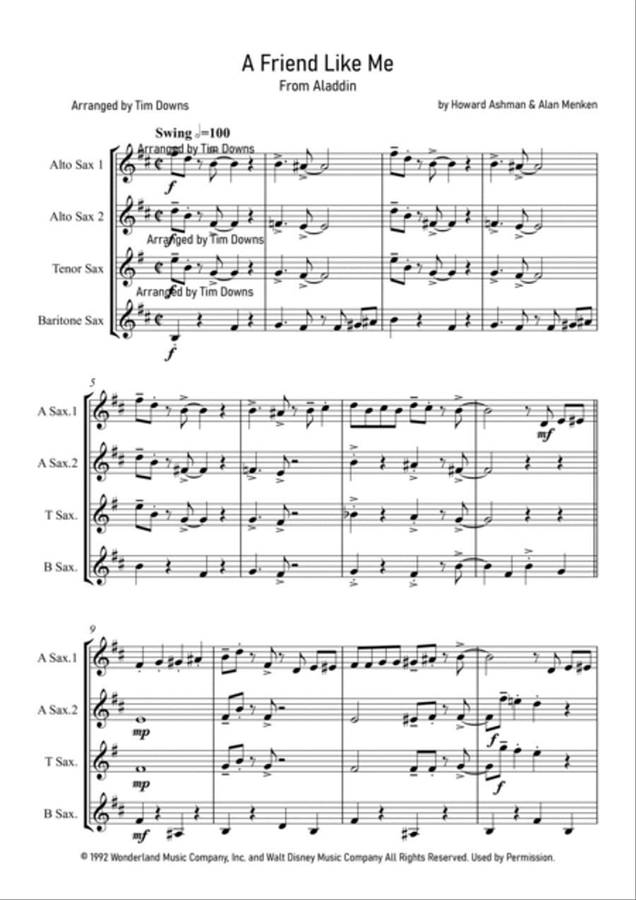Friend Like Me Saxophone Quartet scores gallery preview page 2