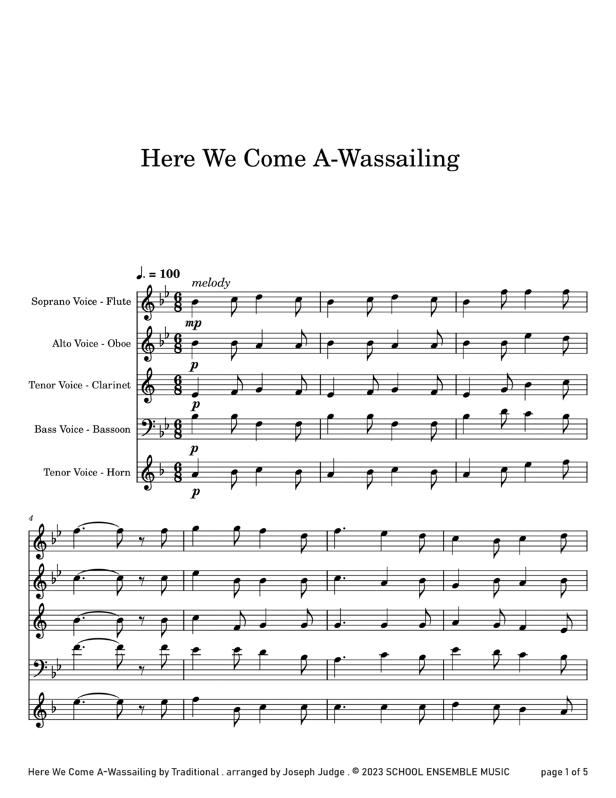 Here We Come A Wassailing for Woodwind Quartet in Schools Woodwind Quartet scores gallery preview page 1