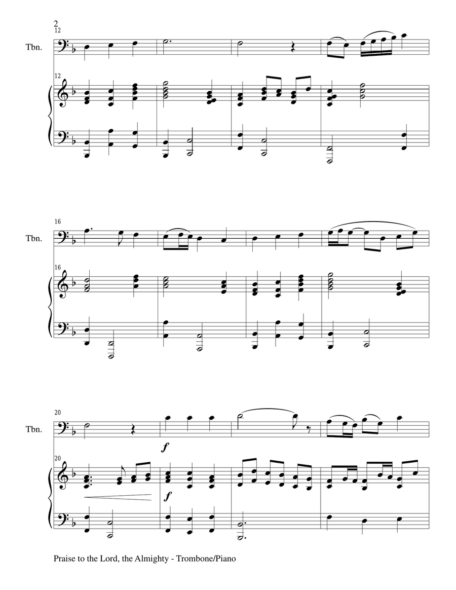 PRAISE TO THE LORD, THE ALMIGHTY (Duet – Trombone and Piano/Score and Parts) Trombone Duet scores gallery preview page 2