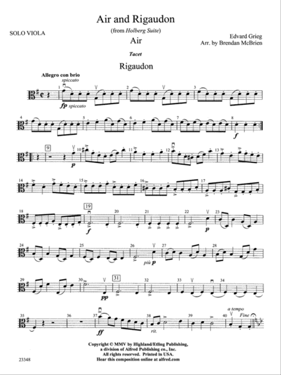 Air and Rigaudon: Solo Viola String Orchestra scores gallery preview page 1